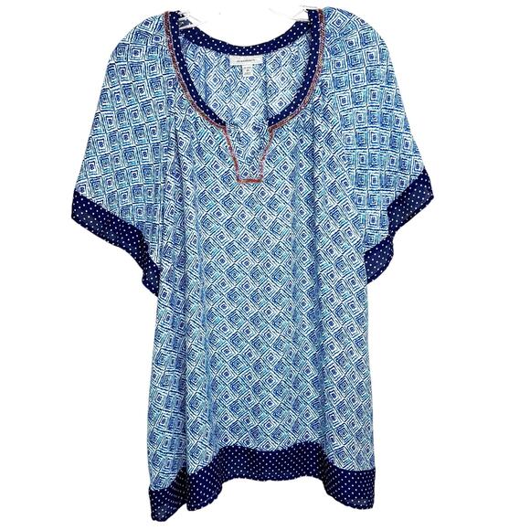 DressBarn Wms 2X Blue Green Geometric Tunic Top Beaded Neckline Boho Casual - Picture 1 of 11
